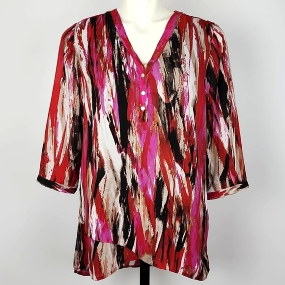 ⭐️3/ $30⭐️ Brody Myles Multi Pink Black 3/4 Length Sleeves V Neck Top Size M - Picture 1 of 13